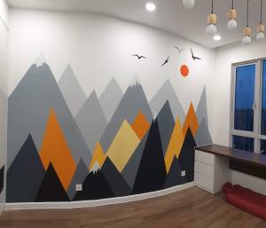 Hoạ sĩ trong đội ngũ PHAN CÔNG decor thực hiện vẽ trang trí phòng ngủ