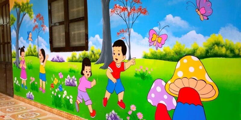 Vẽ tranh tường trường học mùa khai giảng - Lớp học mầm non