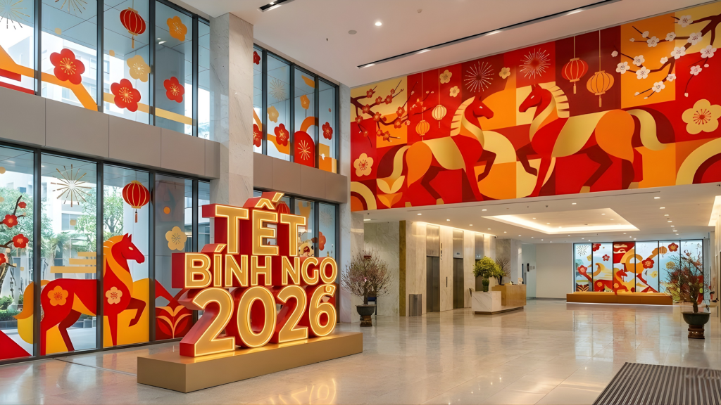 Cách trang trí Tết văn phòng khu vực sảnh và lễ tân tại PHAN CÔNG decor