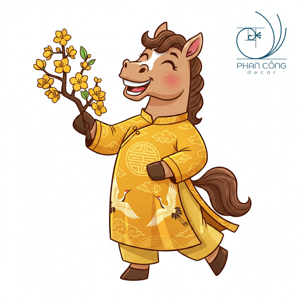 Mẫu Ngựa cầm nhành hoa mai