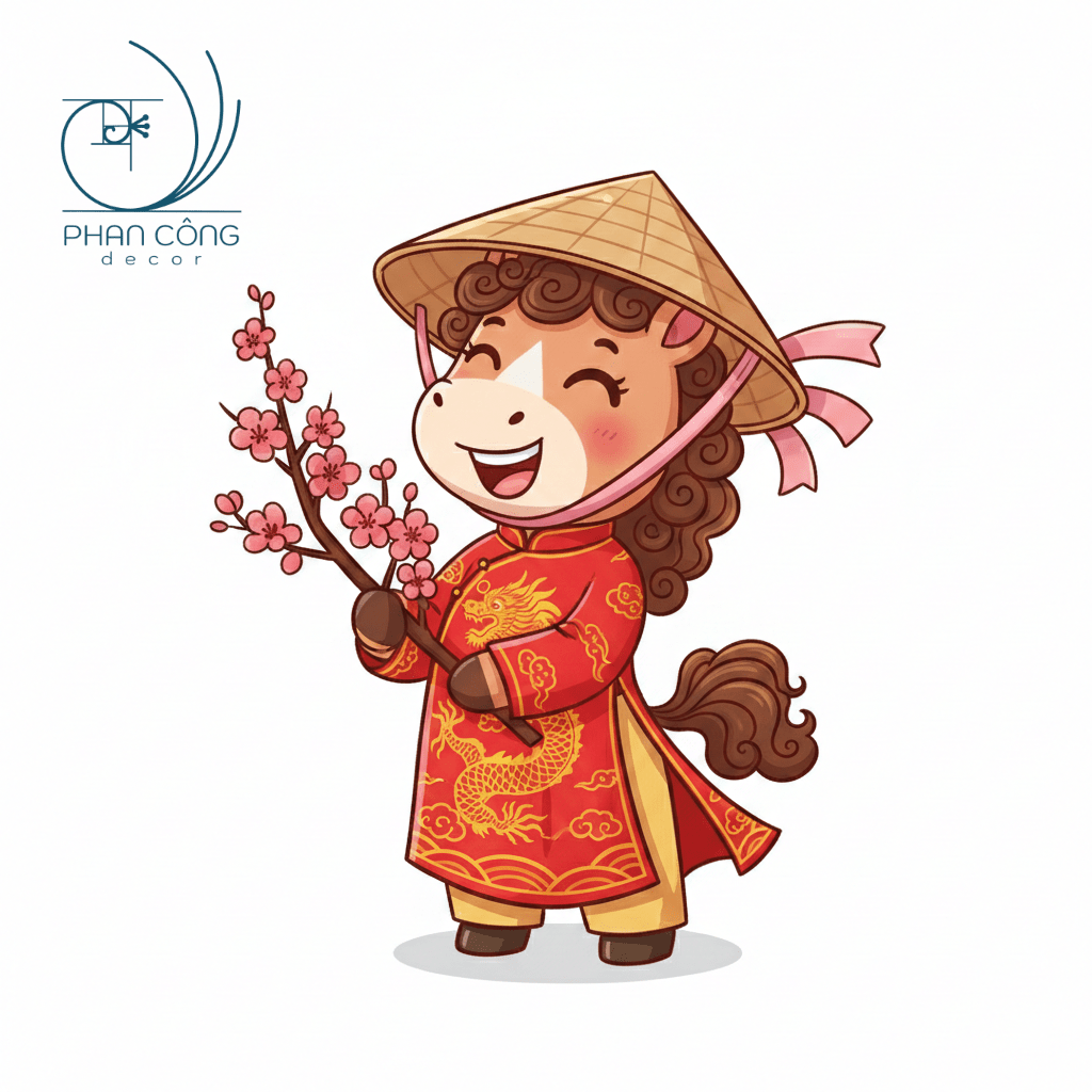 Mẫu Ngựa cầm nhành hoa đào