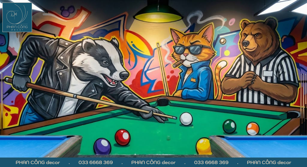 Mẫu tranh tường quán bida | Tranh hoạt hình minh họa vui nhộn | Mẫu 1