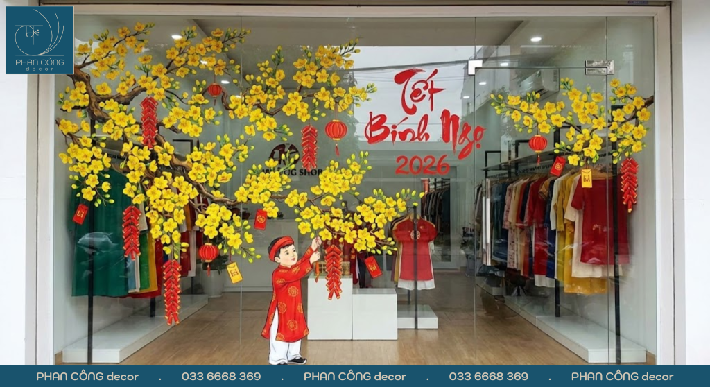 Mẫu tranh trang trí kính Hoa mai và cậu bé treo pháo tại PHAN CÔNG decor