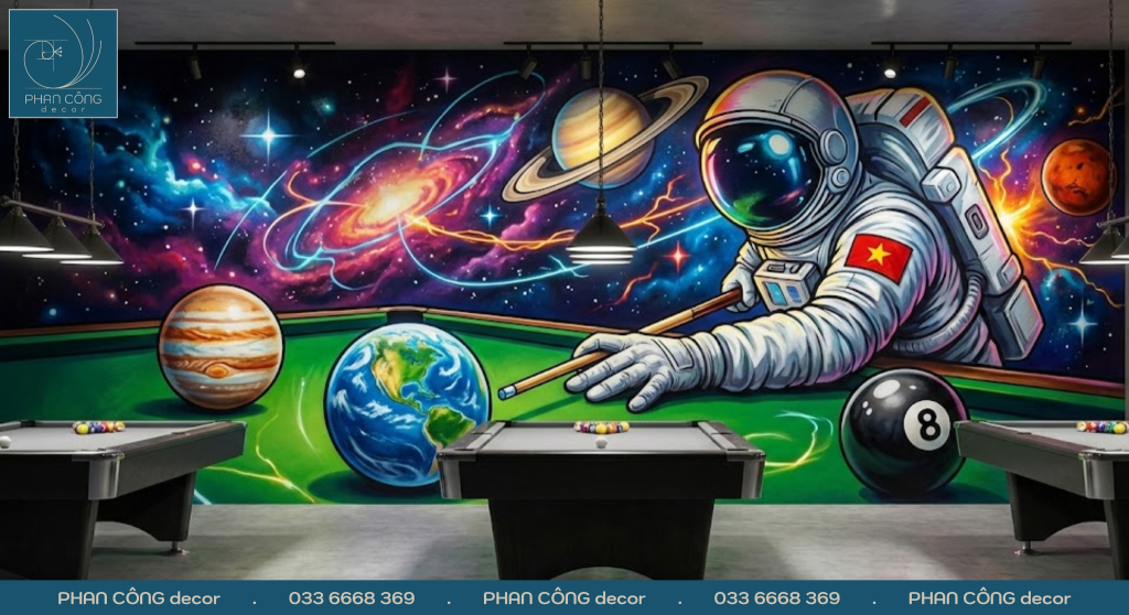 Mẫu tranh tường quán bida | Tranh Phi hành gia | Mẫu 1