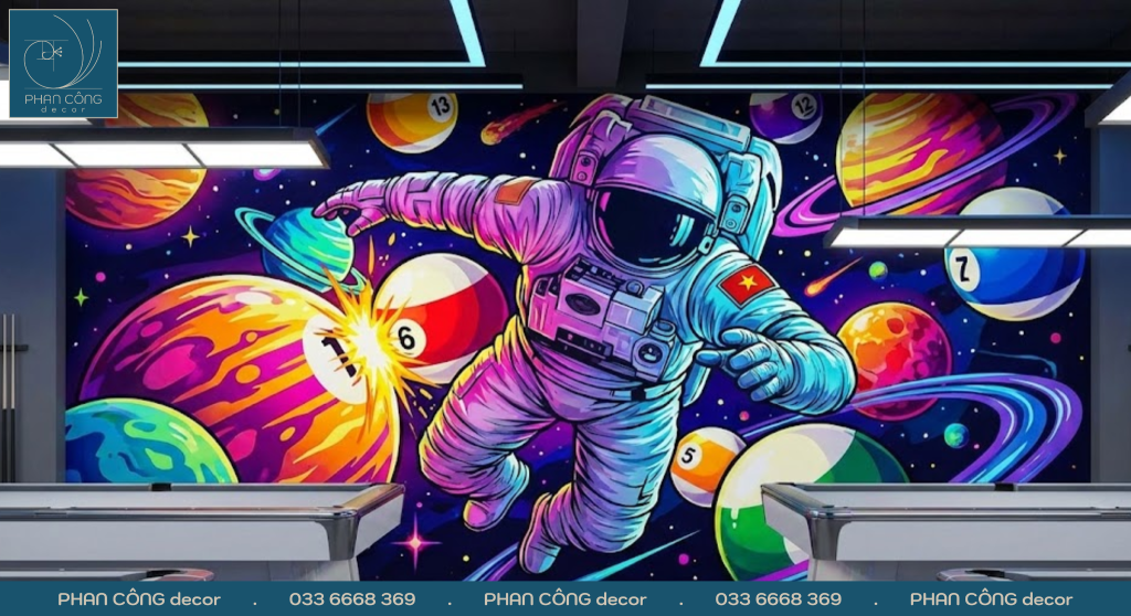 Mẫu tranh tường quán bida | Tranh Phi hành gia | Mẫu 2