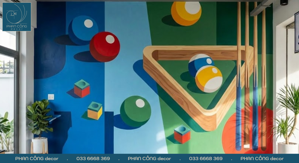 Mẫu tranh tường quán bida | Tranh 2D màu sắc trang trí đơn giản | Mẫu 1