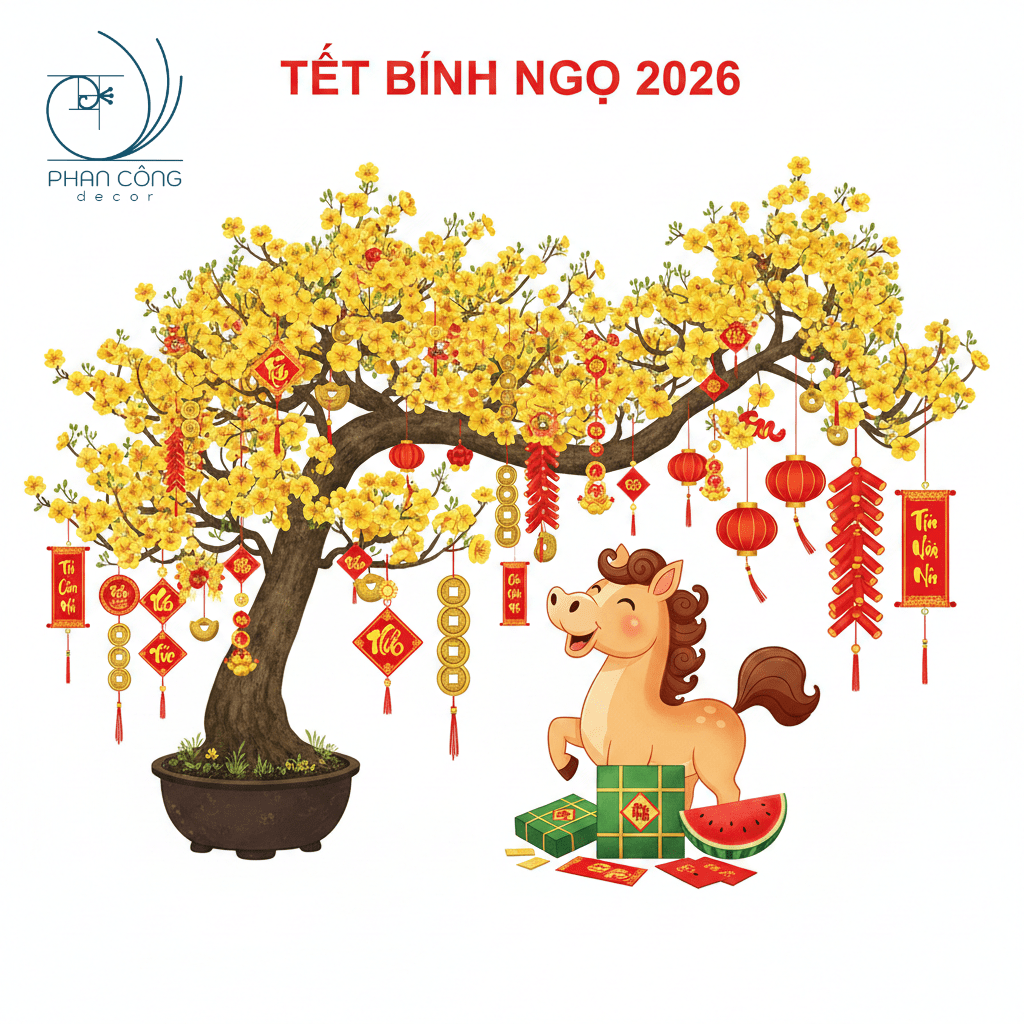 Mẫu vẽ tranh trên kính tranh trí Tết 2026 - Hoa mai – con ngựa vui tươi (Linh vật 2026) | Mẫu 1