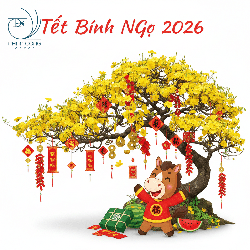 Mẫu vẽ tranh trên kính tranh trí Tết 2026 - Hoa mai – con ngựa vui tươi (Linh vật 2026) | Mẫu 2