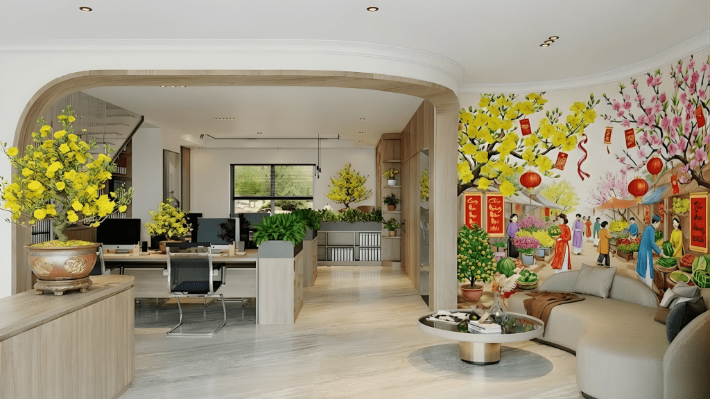 Cách trang trí Tết văn phòng khu vực làm việc chung tại PHAN CÔNG decor | Mẫu 2
