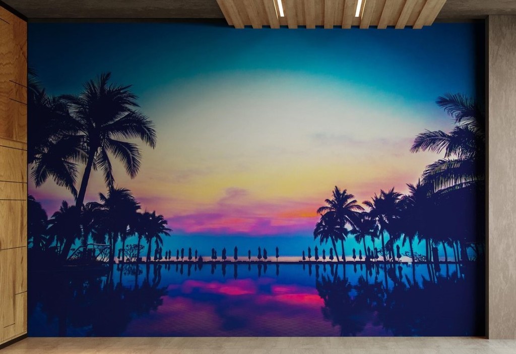 Mẫu tranh tường quán bar phong cách tropical, biển đêm | Mẫu 1