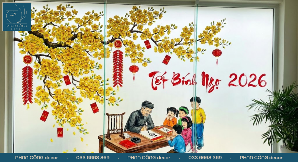 Mẫu tranh trang trí kính Hoa mai - ông đồ cho chữ tại PHAN CÔNG decor