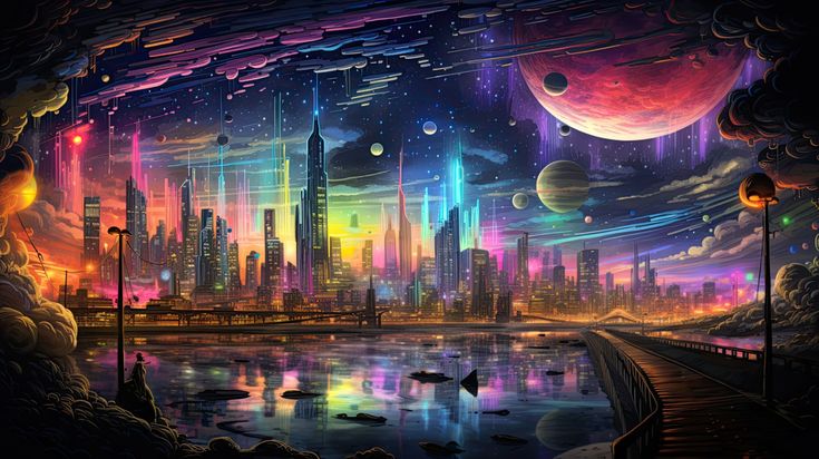 Mẫu tranh tường quán bar Phong cách cyberpunk – đô thị tương lai | Mẫu 2