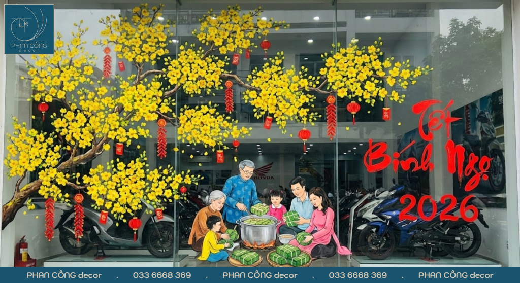 Mẫu tranh trang trí kính Hoa mai – bánh chưng – gia đình sum vầy tại PHAN CÔNG decor