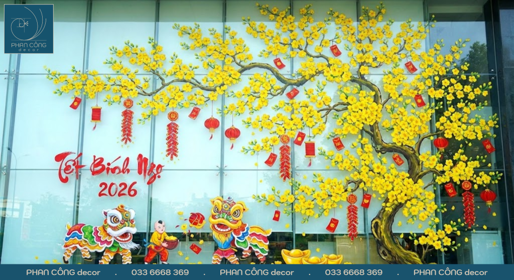 Mẫu tranh trang trí kính Hoa mai và con lân tại PHAN CÔNG decor