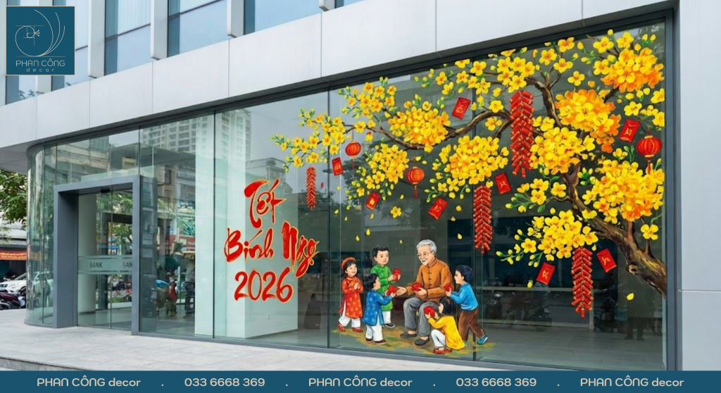 Mẫu tranh trang trí kính Hoa mai và cảnh lì xì tại PHAN CÔNG decor