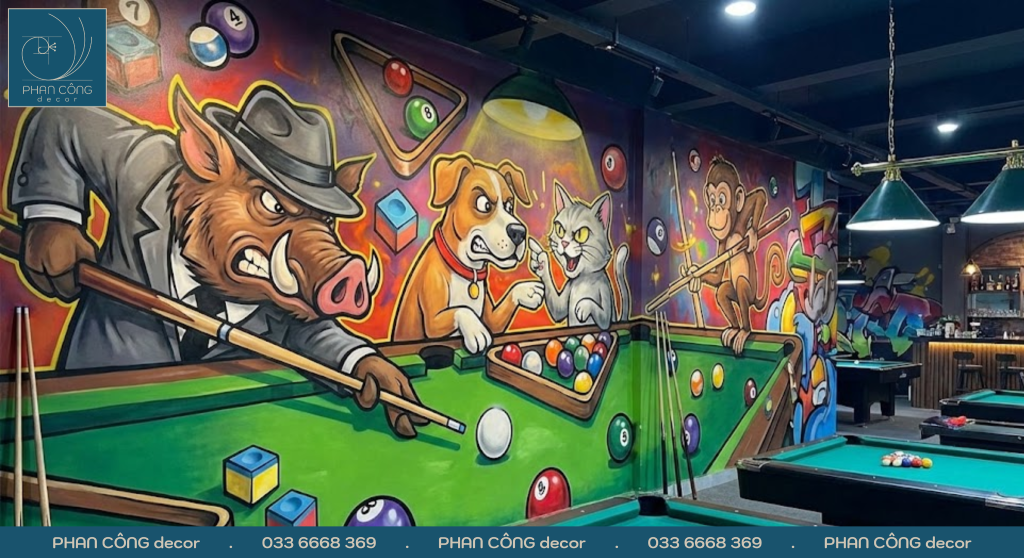 Mẫu tranh tường quán bida | Tranh hoạt hình minh họa vui nhộn | Mẫu 2