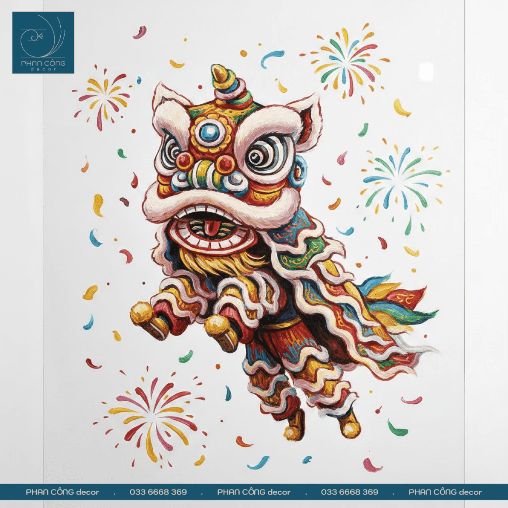 Mẫu vẽ tranh múa lân ngày Tết để trang trí kính tại PHAN CÔNG decor | Mẫu 3