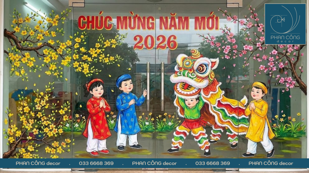 Hình ảnh tranh trang trí cửa kính ngày Tết mầm non tại PHAN CÔNG decor