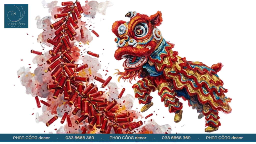 Mẫu vẽ tranh múa lân ngày Tết để trang trí kính tại PHAN CÔNG decor | Mẫu 2