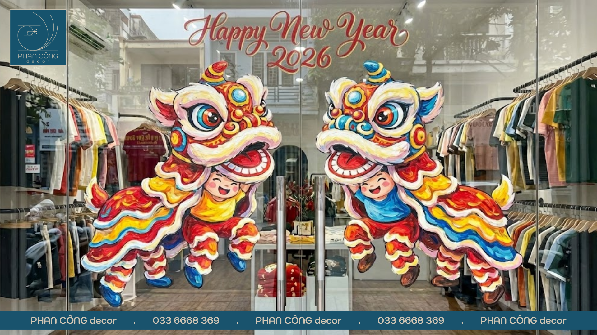 Vẽ múa lân ngày tết​ 2026 cho kính cửa hàng & nhà ở