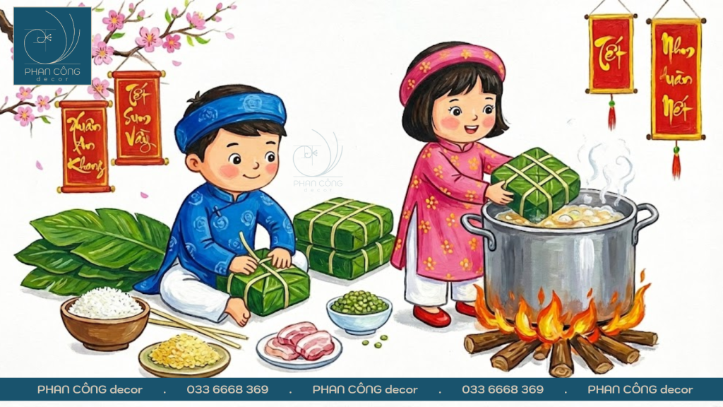 Mẫu tranh vẽ gói bánh chưng kết hợp hoa mai hoa đào trang trí kính tại PHAN CÔNG decor