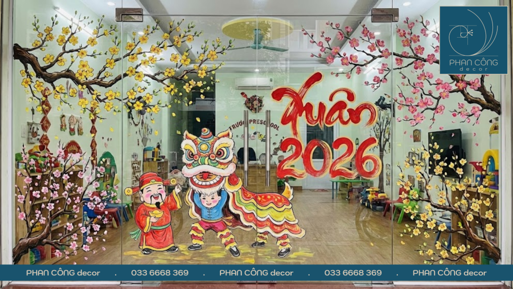 Mẫu tranh trang trí cửa kính ngày Tết tại PHAN CÔNG decor
