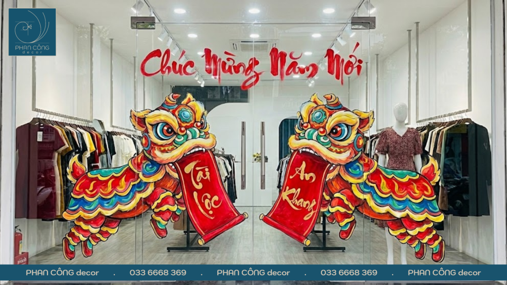 Mẫu vẽ tranh múa lân ngày Tết trang trí kính đẹp và độc đáo tại PHAN CÔNG decor