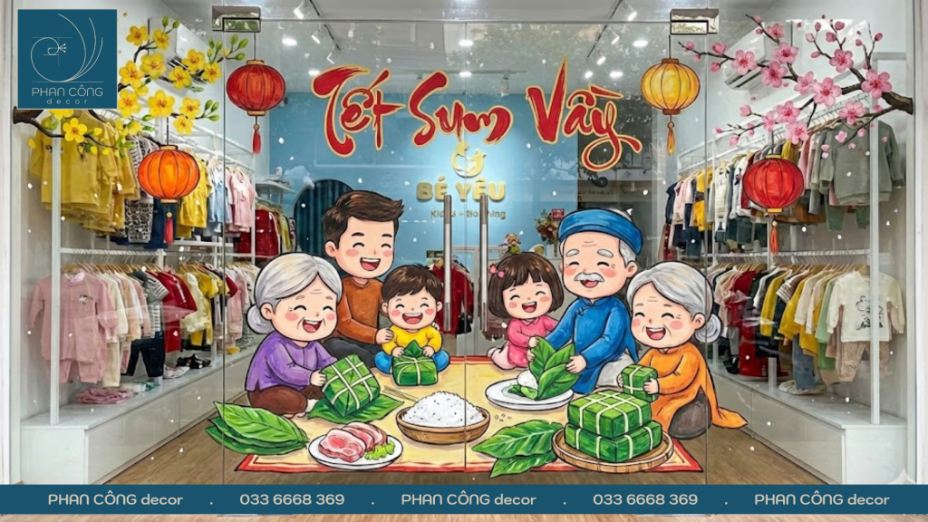 Mẫu tranh vẽ gia đình gói bánh chưng truyền thống trang trí kính tại PHAN CÔNG decor