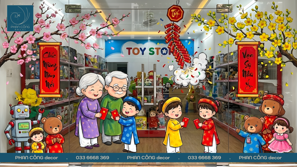 Mẫu tranh vẽ lì xì ngày Tết trang trí kính tại PHAN CÔNG decor