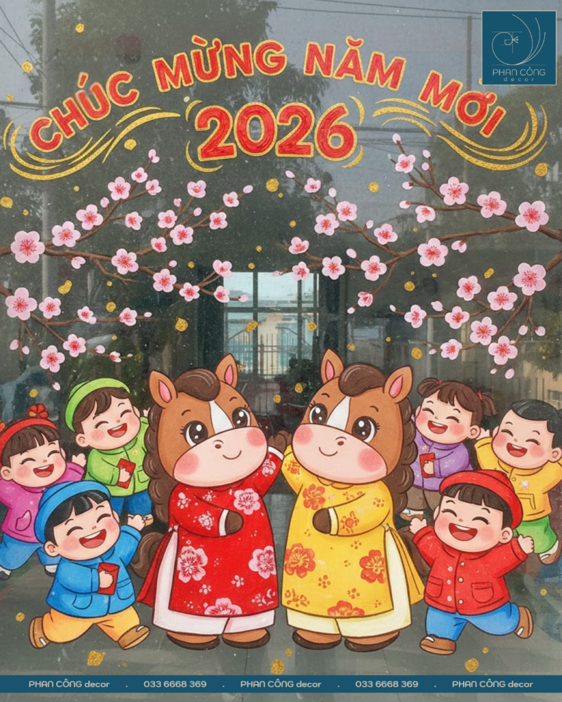 Mẫu trang trí cửa kính ngày tết cho trường mầm non tại PHAN CÔNG decor