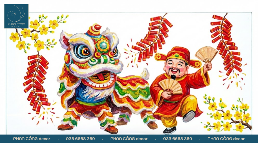 Mẫu vẽ tranh múa lân ngày Tết để trang trí kính tại PHAN CÔNG decor | Mẫu 1