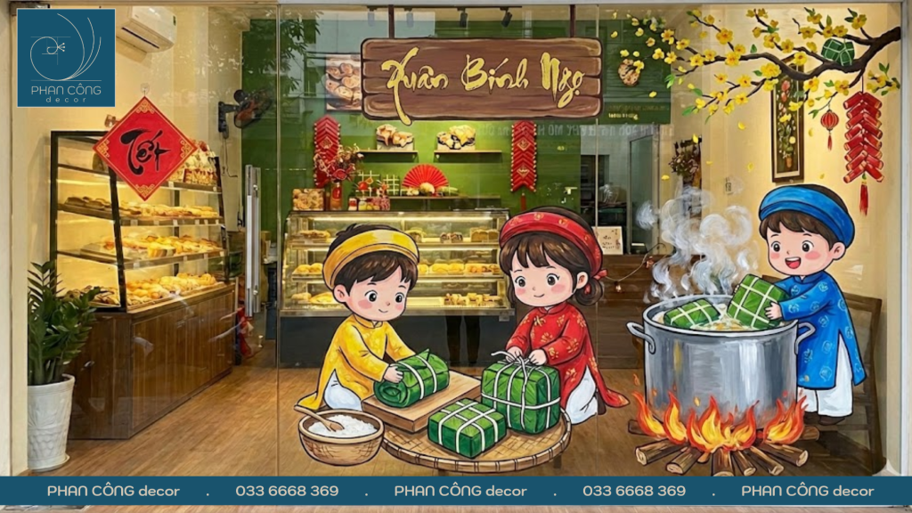 Mẫu vẽ tranh gói bánh chưng ngày Tết trang trí kính tại PHAN CÔNG decor