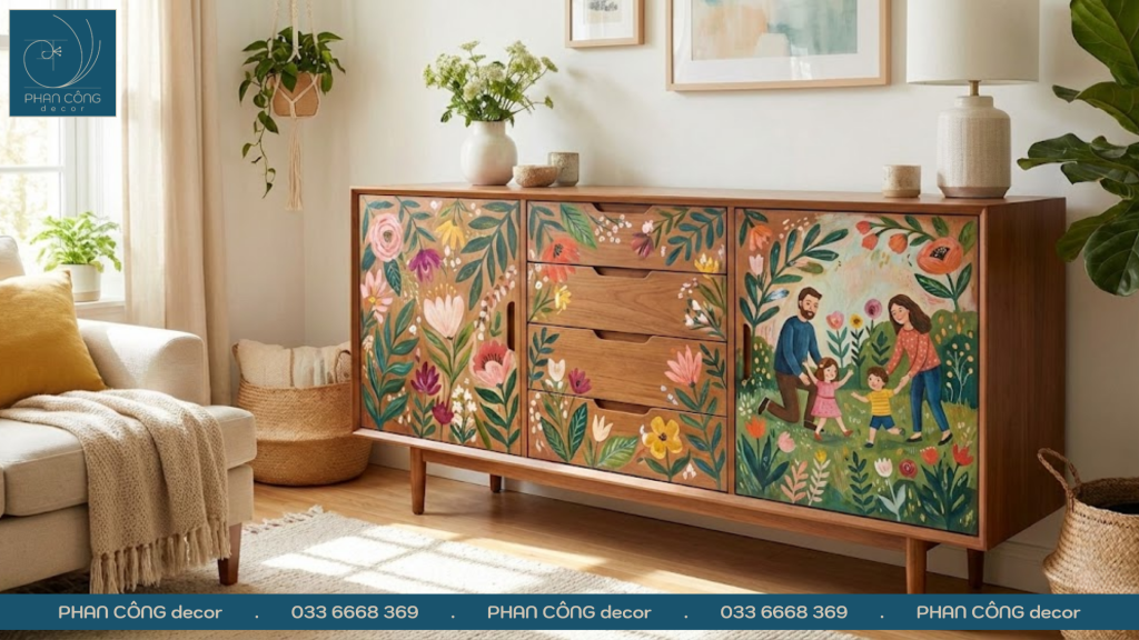 Mẫu vẽ tranh gia đình ngày Tết lên nội thất trang trí tại PHAN CÔNG decor