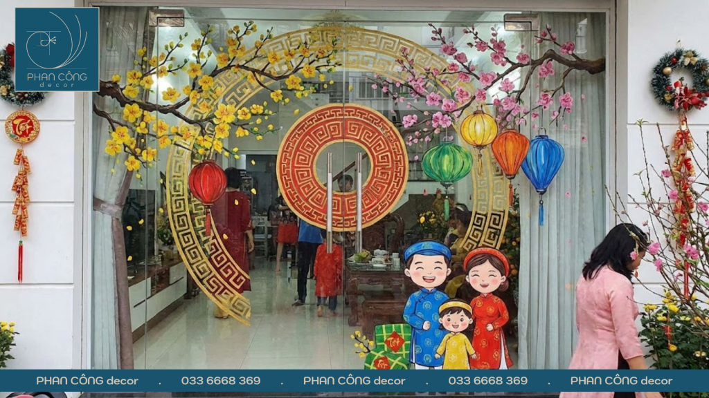 Mẫu vẽ tranh gia đình ngày Tết trên cửa kính và vách kính