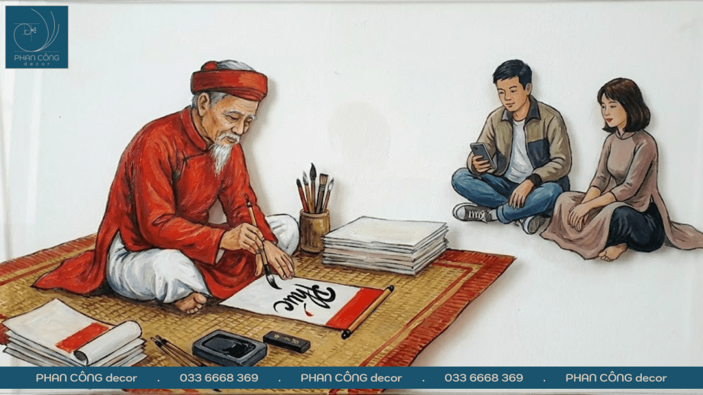 Mẫu tranh vẽ ông đồ ngày Tết cho cửa hàng và doanh nghiệp tại PHAN CÔNG decor | Mẫu 2