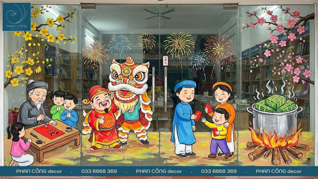 Mẫu tranh kính Tết Bé thơ vui đùa & Múa Lân