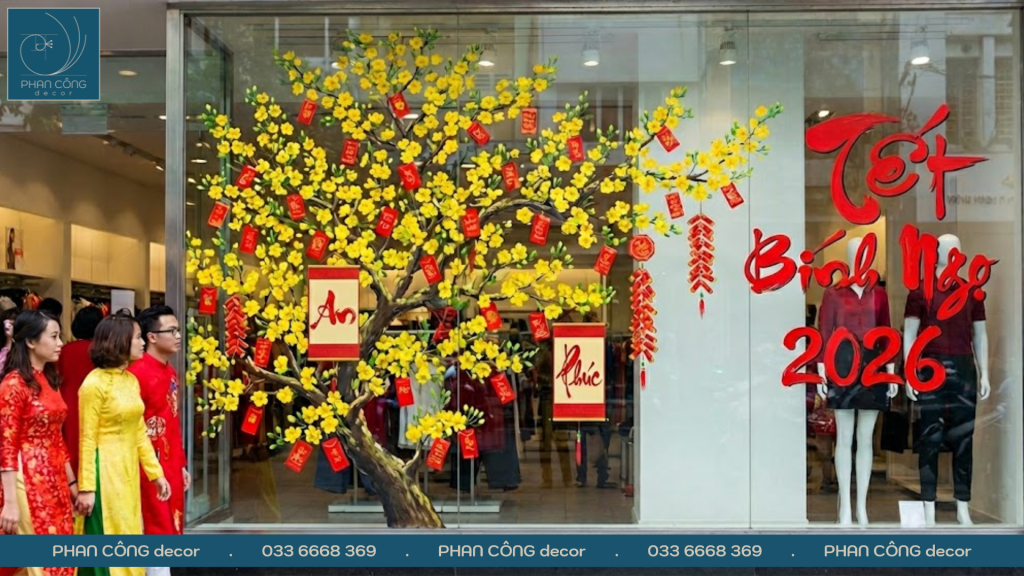 Mẫu tranh kính Tết Hoa Mai Vàng kết hợp Câu Đối Đỏ