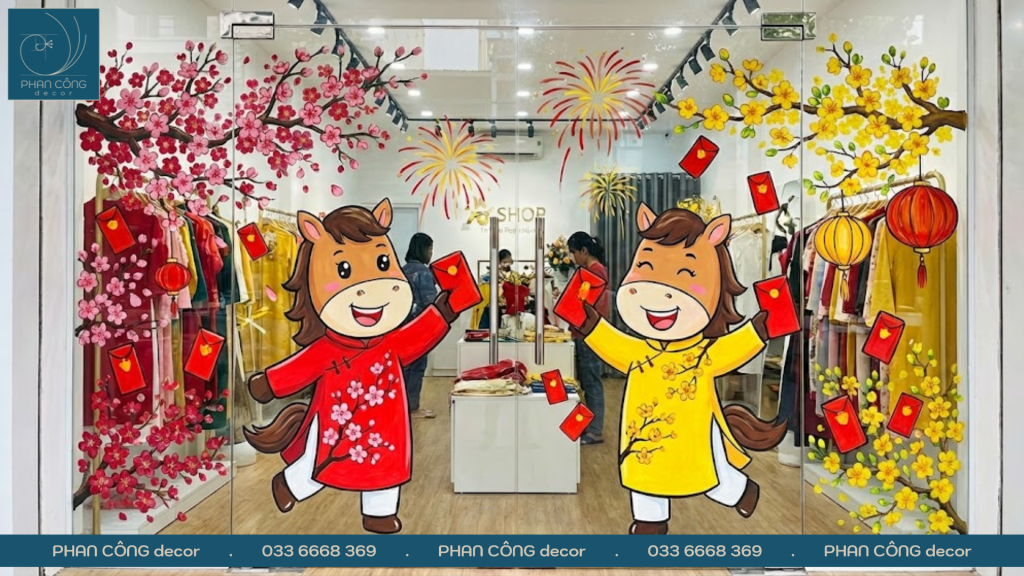 Mẫu tranh kính Tết Linh vật Ngựa (Bính Ngọ) & Hoa Mai