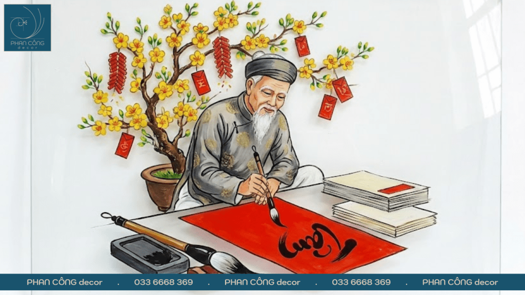 Mẫu tranh vẽ ông đồ ngày Tết cho cửa hàng và doanh nghiệp tại PHAN CÔNG decor | Mẫu 3