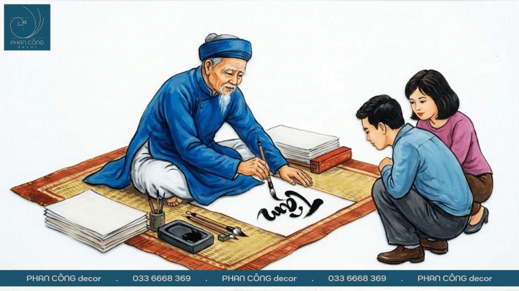 Mẫu tranh vẽ ông đồ ngày Tết cho cửa hàng và doanh nghiệp tại PHAN CÔNG decor | Mẫu 4