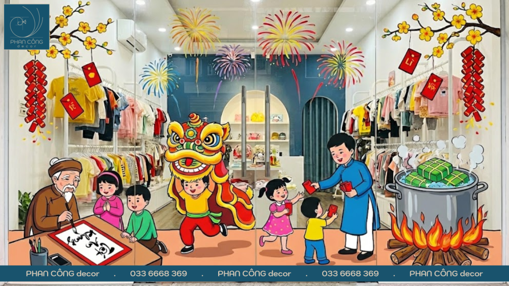 Mẫu tranh kính Tết Gia Đình sum vầy bên Bánh Chưng Xanh