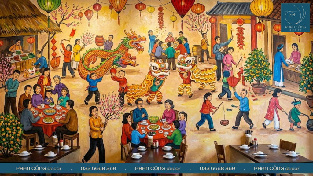 Vẽ tranh lễ hội ngày Tết 2026 tại PHAN CÔNG decor