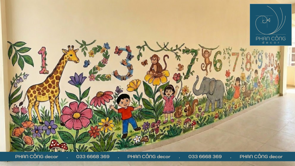 Vẽ chân tường mầm non chủ đề thế giới động vật tại PHAN CÔNG decor