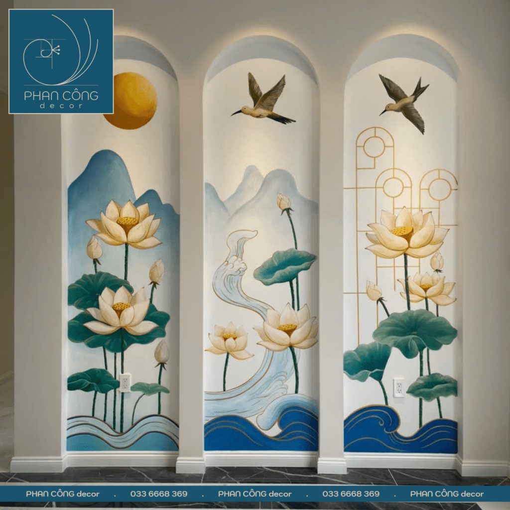 Mẫu vẽ tranh hoa sen trên tường đẹp tại PHAN CÔNG decor