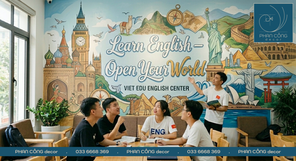 Mẫu vẽ tranh tường trung tâm tiếng anh đẹp tại PHAN CÔNG decor