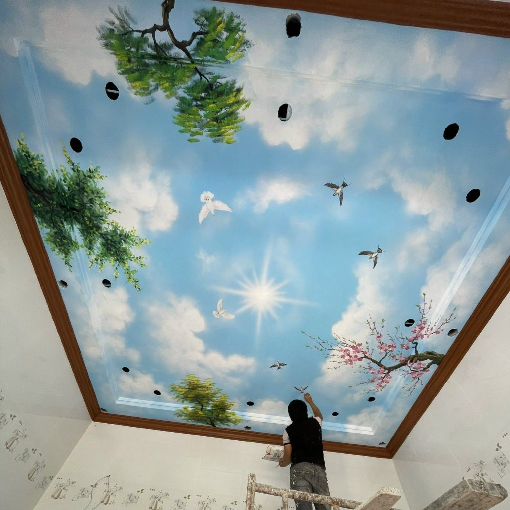 Mẫu vẽ trần mây 3d cho phòng khách sống động tại PHAN CÔNG decor | Mẫu 1