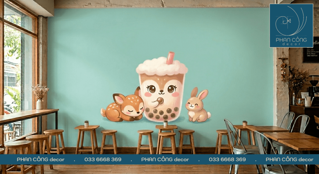 Mẫu vẽ tranh tường quán trà sữa phong cách dễ thương tại PHAN CÔNG decor